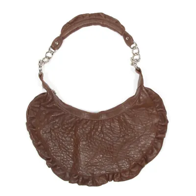 $29.99 • Buy TREESJE Half Moon Pebbled Leather Brown Ruffle Trim Silver Chain Handbag Purse