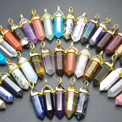 Natural Gemstones Healing Hexagonal Pointed Reiki Chakra Gold Cap Pendant Beads • $1.13