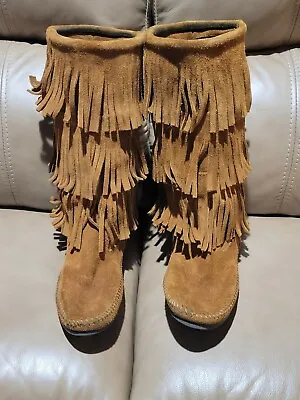 Minnetonka Brown Suede 3 Layer Fringe Boots Moccasins Boho  Sz 8   #1632 • $24.99