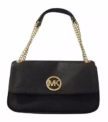 NEW! Michael Kors Fulton Small Shoulder Flap Leather Bag-Black/Gold • $142.49