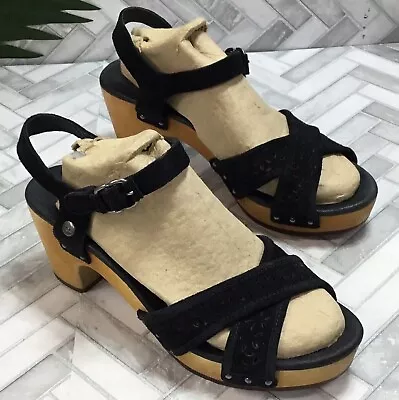 UGG Sandals Black Suede Women's 7 Shoe 3  Wooden Block Heel Ankle Strap 1000803 • $19.99
