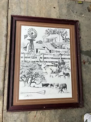 Vintage Sketch Art Print Signed Lithograph Farmhouse Barnyard Western Ranch • $35