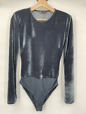 $19 • Buy NWOT Women Zara Velvet Shoulder Pad Bodysuit Top Blouse Small Blue Green