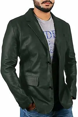 Men Genuine Lambskin Real Pure Leather Soft Blazer TWO BUTTON Jacket Green Coat  • $119.20