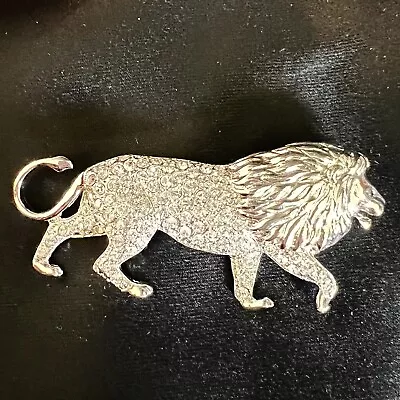 Large Rhinestone Brooch FIGURAL LION King Of Jungle Silver Tone VINTAGE 1398 • $17.98