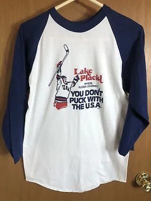 Vintage Bantam Lake Placid Olympics Hockey USA Russia Miracle On Ice Tee Shirt • $39.99