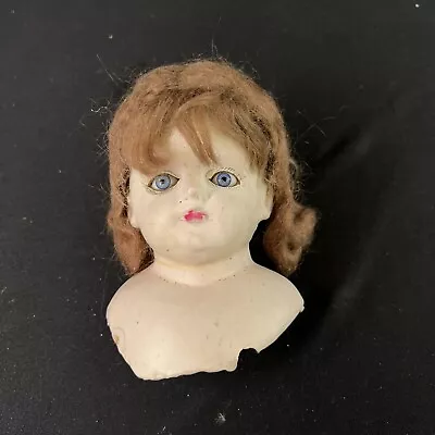 Vintage German Paper Mache Doll Head Blue Glass Eyes Pink Lips Brown Hair 4” • $45