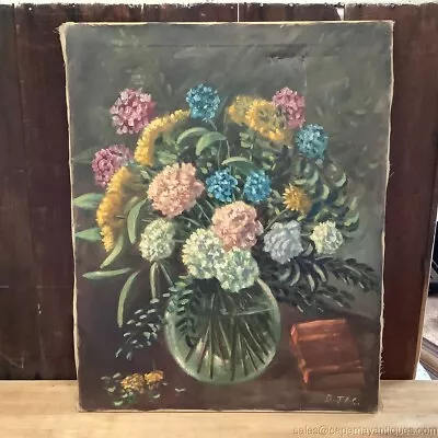 Vintage Moody Floral Bouquet Oil Painting On Canvas Pink Blue White Florals • $124.99
