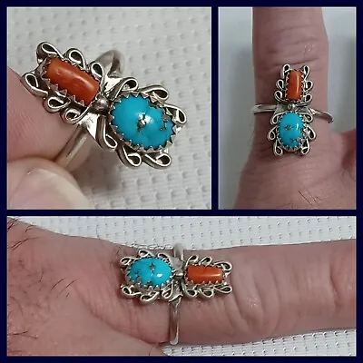 Old Pawn CECIL HENRY Sterling Silver Turquoise & Coral Ring Hoskie? Lee? Sz 7.5 • $29.49