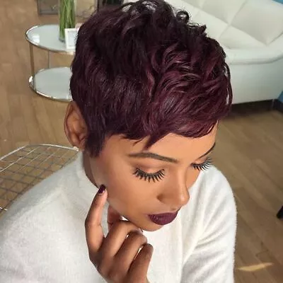 100% Human Hair Wigs Burgundy Red Wigs Pixie Cut Short Wave Wig Natural Looking  • $20.75