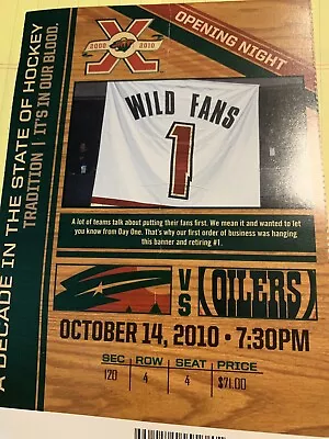 Minnesota Wild Opening Night Season Ticket 10/14/10 V Oilers • $9.99