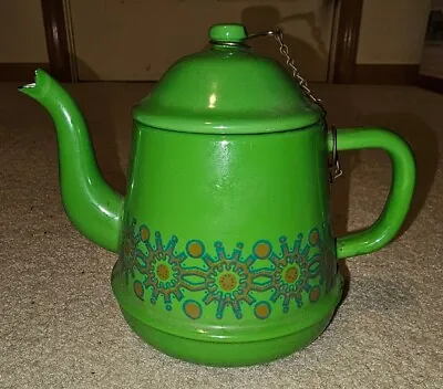 Vintage MCM Enamel 32oz Teapot Kettle Kelly Green Lid W/ Chain - 1qt  • $35