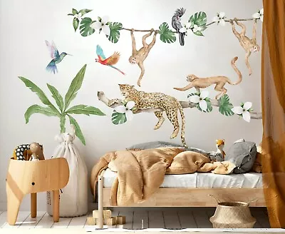 Wildlife On Branches Monkey Cheetah Palm Tree Wall Fabric Decal Sticker Deco • $99.50