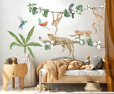 Wildlife On Branches Monkey Cheetah Palm Tree Wall Fabric Decal Sticker Deco • $29.28