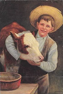R. Atkinson Fox Signed J. Colvin Boy Straw Hat Herferd Cow 8.75 X6  Print 1920s • $59