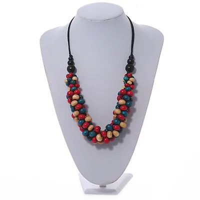 Chunky Wood Bead Cotton Cord Necklace In Red/ Teal/ Natural  - 68cm Length • £13.20