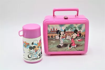 VNTG Mickey & Minnie Mouse Aladdin Pink Lunch Box Plastic With Original Thermos • $9