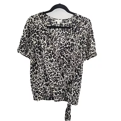 C Wonder Leopard Print Faux Wrap Blouse Women Size Medium Tie Waist Short Sleeve • $18.88