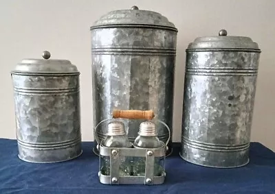 Galvinized Metal Canister Set Of 3 With A Mason Jar Salt & Pepper Set In Holder • $35