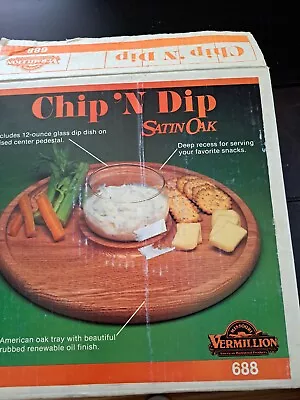 Vintage Vermillion Solid American Oak Chip & Dip Set Round W/Clear Glass Bowl • $24.99