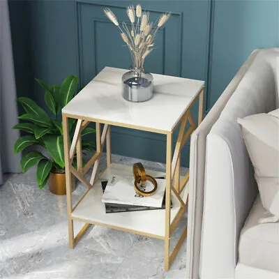 White Marble Gold Side Table Living Room End Accent Table Nightstand With Shelf • $65.98