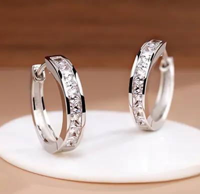 Women 925 Sterling Silver Plated Square CZ Round Huggie Hoop Earrings 16mm PE28 • $5.95