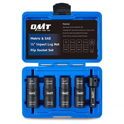 OMT Impact Socket Set 5pc 1/2'' Drive Lug Nut Flip Socket Set Metric &SAE Socket • $29.98