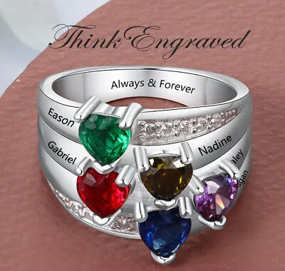 Personalized Mother's Ring 5 Heart Birthstones 5 Engraved Names • $54.99