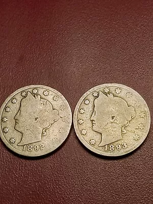 1892 1893 Liberty V Nickels AG (#V-96-75) Lot Of 2 • $6.89