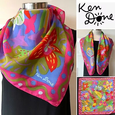 KEN DONE Vintage 100% Silk Pink Combo; Tropical Flowers Art Print Scarf 73x73cm  • £76.25