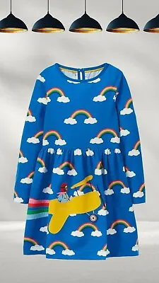 Ex Mini Boden Girl's Fun Applique Dress In Moroccan Blue Rainbow Cloud  Defect • £14.50