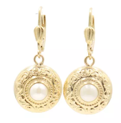 Women's 14KT Yellow Gold 5.4mm White Mabe Cultured Pearl Dangle Earrings - 2.74g • $168.95