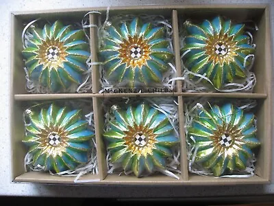 Mackenzie Childs Box Of 6 Blue & Green Glass Reflector Christmas Ornaments • $70