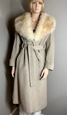 Vtg 1970s DOMINO Long Beige Wool Coat Lamb Fur Collar Belted Satin Lined USA S/M • $109