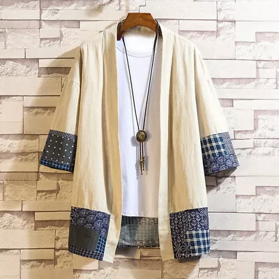 Mens Retro Hanfu T-shirt Cotton Linen Shirt Splicing Jacket 3/4 Sleeve Japanese • $23.25