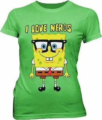 Juniors Animated TV Show Spongebob Squarepants I Love Nerds Green T-shirt Tee • $21.95