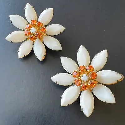 Signed MADE IN AUSTRIA Vtg Milk Glass Orange Crystal Flower Clip Earrings A909 • $0.99