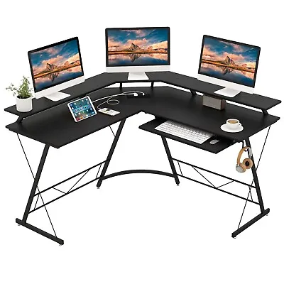 L-shaped Computer Desk Ergonomic Gaming Table Study Workstation W/ Power Outlet • £89.95