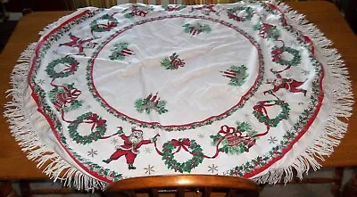 $18 • Buy Vintage 50  Round Christmas Tablecloth Santa Wreaths Snowflakes Fringed