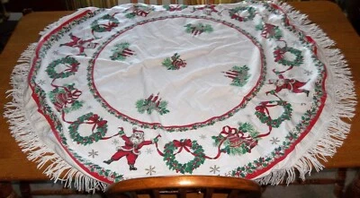 $18 • Buy Vintage 50  Round Christmas Tablecloth Santa Wreaths Snowflakes Fringed
