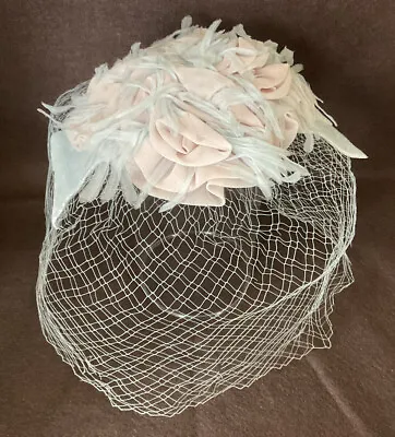 $9.95 • Buy Woman's Hat Fascinator Pastel Pink Blue Roses Leaves Netting Veil