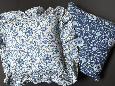 PAIR Vintage Decorative PILLOWS RUFFLE Floral Porcelain BLUE WHITE • $34.95