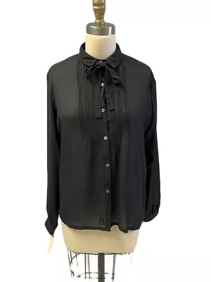 Vintage 80s Lanvin Boutique Paris Blouse Black Sheer Sz 12 Polyester NWT Bowtie • $54.62