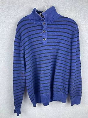 American Eagle Sweater Men's L Blue Striped Long Sleeve High Neck Button HOLE • $14.88