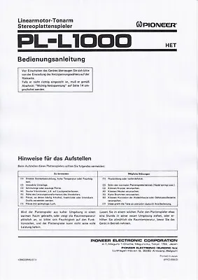 Operating Instructions For Pioneer PL-L1000 IN German • $16.40
