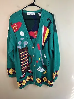 Vintage Novelty Cardigan Sweater Size L Golf Athleisure Oversized Shoulder Pads • $45