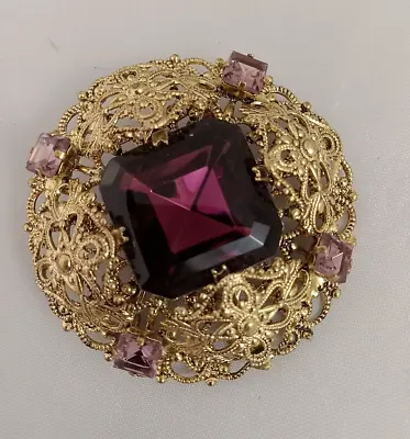 Vtg West Germany Style Gold Tone Purple Stone Filigree Brooch Lovely Unsigned • $32
