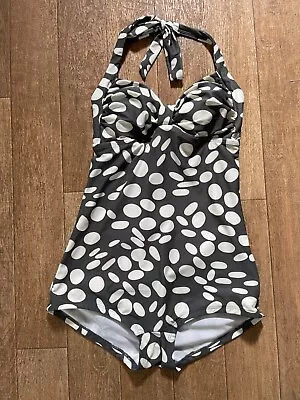 Boden Halterneck Boy Leg 50s Style Swimsuit Size 12 UK Grey/Cream • £14.99