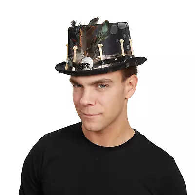 Mens Halloween Skull Bones Voodoo Style Black Top Hat Fancy Dress Magic Accessor • £8.49