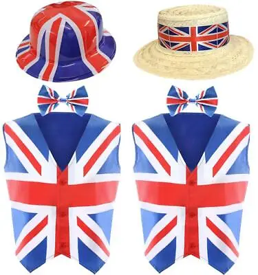 Union Jack Waistcoat Hat & Bowtie King Coronation Royal Fancy Dress Accessories • £15.99